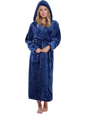 〽️Women's Bathrobe Navy Blue Hooded Oversized Luxury Warm Plush Fleece Robes